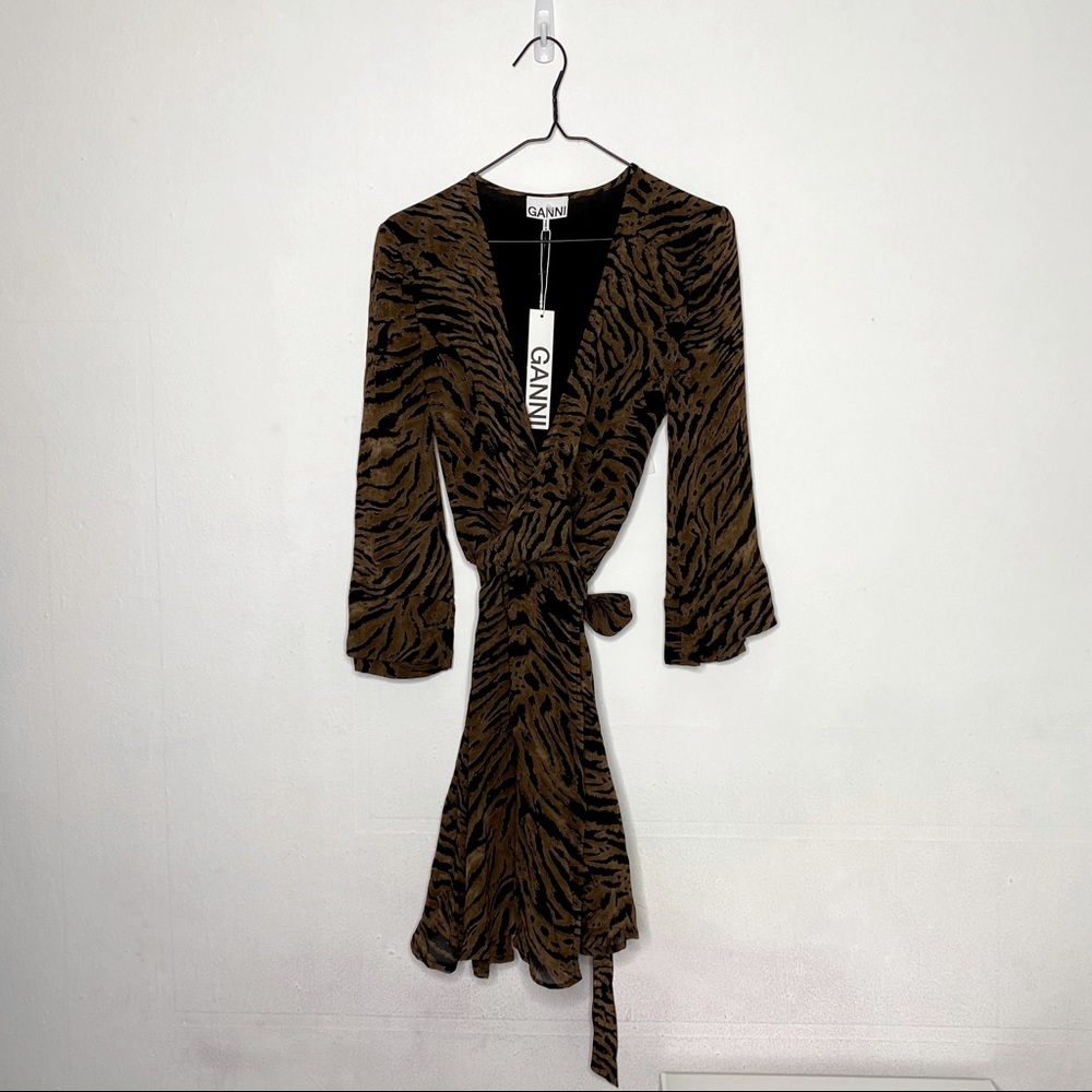 NEW Ganni Tiger Printed Georgette Mini Dress - Picture 12 of 12